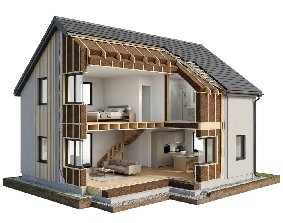Sección transversal de casa con Aislamiento con Corcho Proyectado Almería